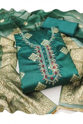 green shimmer banarasi women embellished & embroidered unstitched dress material
