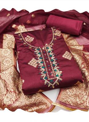 maroon shimmer banarasi women embellished & embroidered unstitched dress material 1