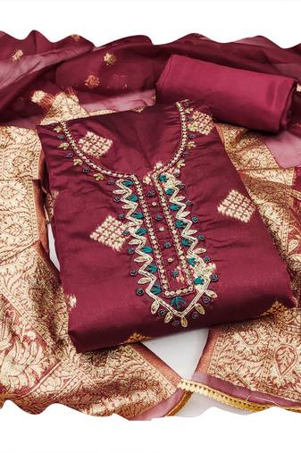 maroon shimmer banarasi women embellished & embroidered unstitched dress material