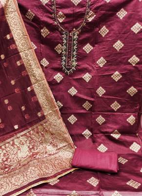 maroon shimmer banarasi women embellished & embroidered unstitched dress material 2