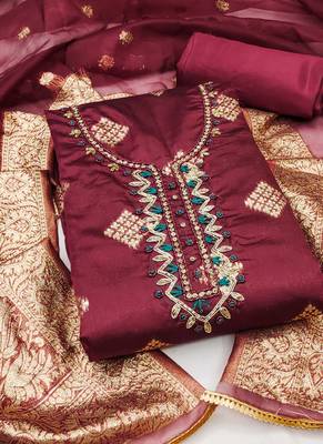 maroon shimmer banarasi women embellished & embroidered unstitched dress material 3