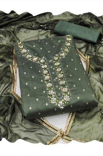 green model banarasi women embellished & embroidered unstitched dress material