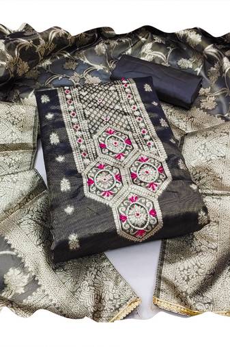 black shimmer banarasi women embellished & embroidered unstitched dress material