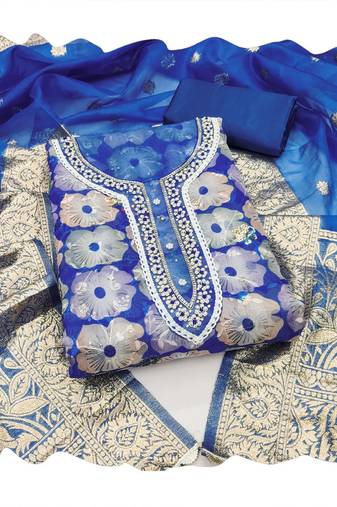 blue organza women embellished & embroidered unstitched dress material