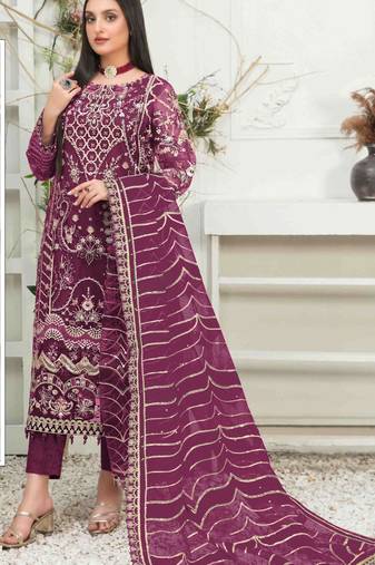 Dark pink embroidered organza semi stitched salwar suit