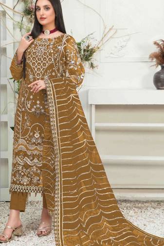 Mustard yellow embroidered organza semi stitched salwar suit
