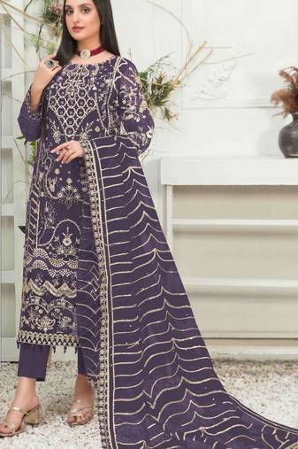 Purple embroidered organza semi stitched salwar suit