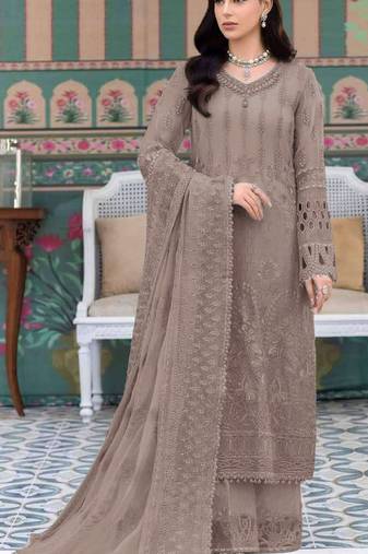 Light brown embroidered faux georgette semi stitched salwar suit