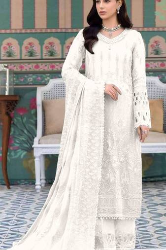 White embroidered faux georgette semi stitched salwar suit