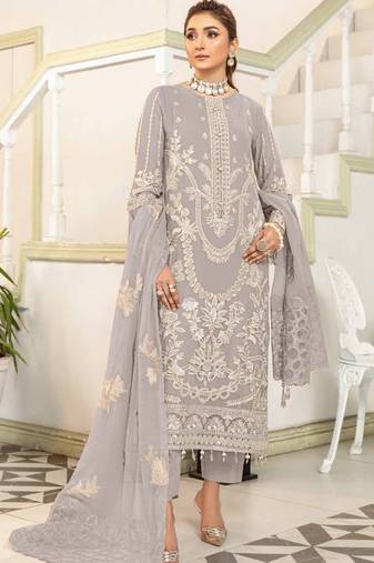 Grey embroidered faux georgette semi stitched salwar suit