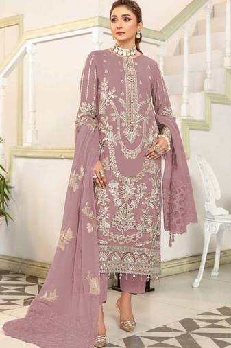 Peach embroidered faux georgette semi stitched salwar suit