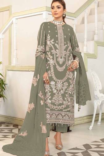 Olive embroidered faux georgette semi stitched salwar suit