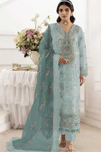 Light sky embroidered organza semi stitched salwar suit