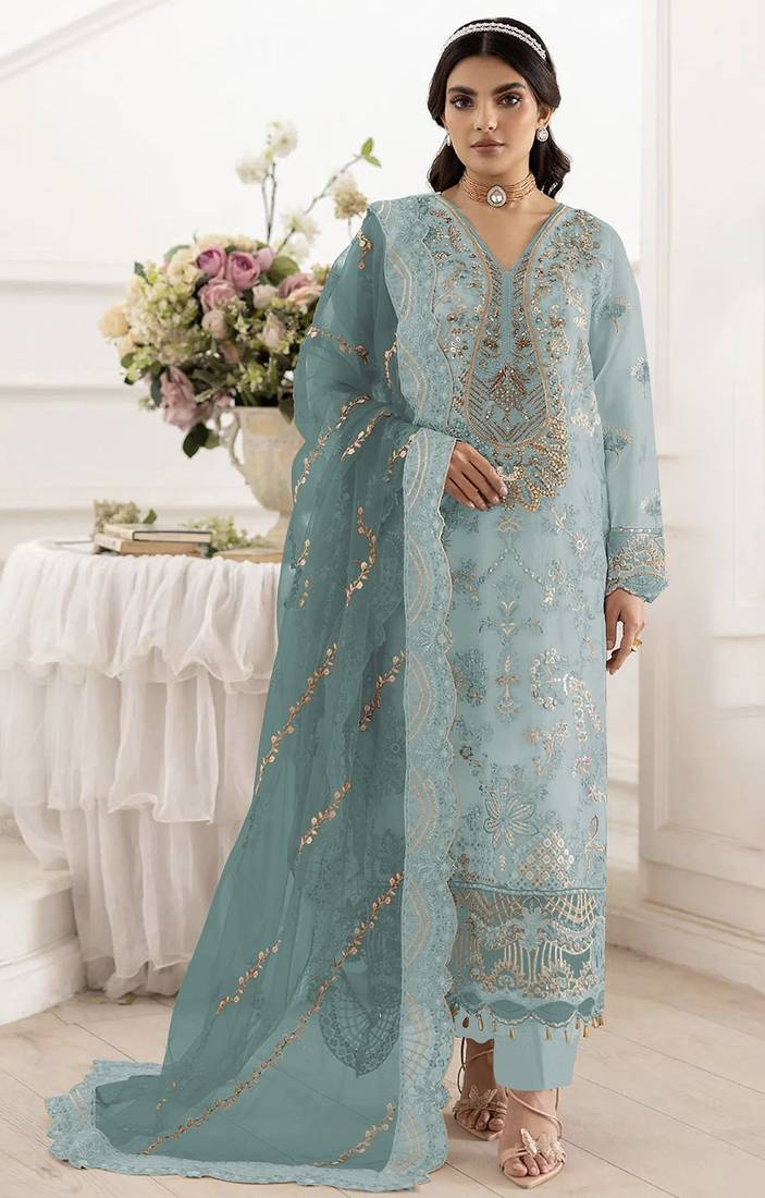 Light sky embroidered organza semi stitched salwar suit