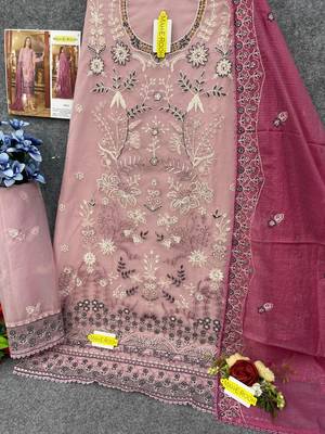 Pink embroidered organza semi stitched salwar suit 3