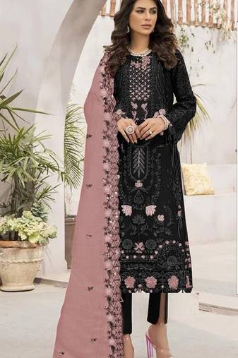 Black embroidered faux georgette semi stitched salwar suit