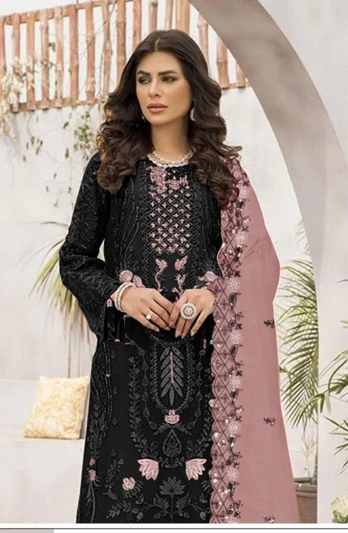 Black embroidered faux georgette semi stitched salwar suit