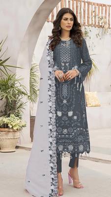 Grey embroidered faux georgette salwar suit 1