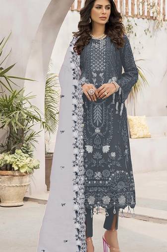 Grey embroidered faux georgette semi stitched salwar suit