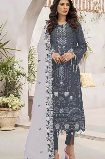 Grey embroidered faux georgette semi stitched salwar suit