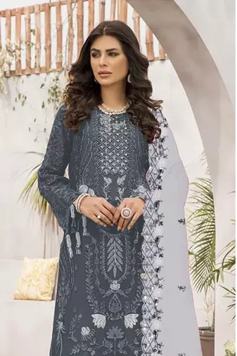 Grey embroidered faux georgette salwar suit