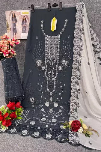 Grey embroidered faux georgette salwar suit