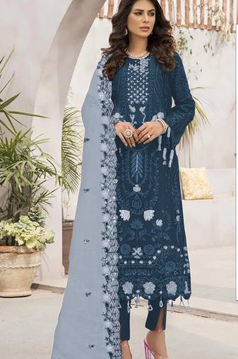 Blue embroidered faux georgette semi stitched salwar suit