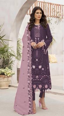 Dark purple embroidered faux georgette salwar suit 1
