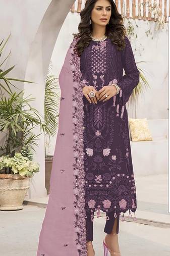 Dark purple embroidered faux georgette semi stitched salwar suit