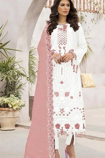 Off white embroidered faux georgette semi stitched salwar suit