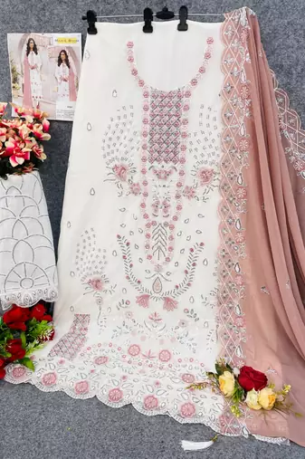 Off white embroidered faux georgette salwar suit
