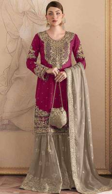 Dark pink embroidered faux georgette with sequin  sharara suit 1