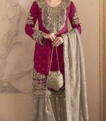 Dark pink embroidered faux georgette with sequence work semi stitched sharara suit