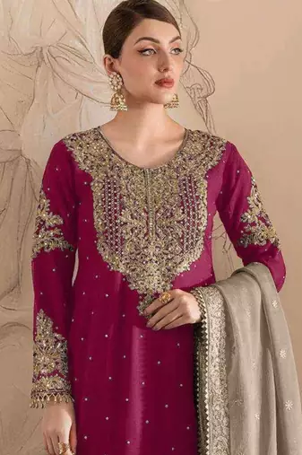 Dark pink embroidered faux georgette with sequin  sharara suit