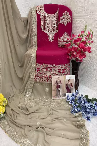 Dark pink embroidered faux georgette with sequin  sharara suit