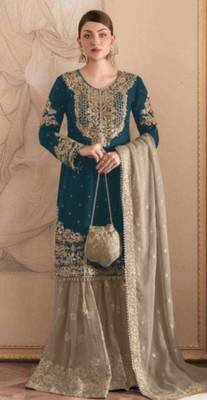 Green embroidered faux georgette with sequin  sharara suit 1