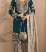 Green embroidered faux georgette with sequence work semi stitched sharara suit