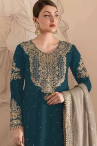 Green embroidered faux georgette with sequin  sharara suit