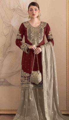 Maroon embroidered faux georgette with sequin  sharara suit 1
