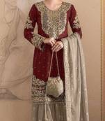 Maroon embroidered faux georgette with sequence work semi stitched sharara suit
