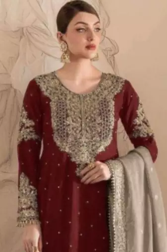 Maroon embroidered faux georgette with sequin  sharara suit