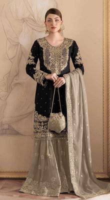 Black embroidered faux georgette with sequin  sharara suit 1