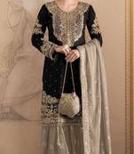 Black embroidered faux georgette with sequence work semi stitched sharara suit