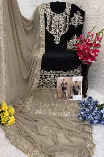Black embroidered faux georgette with sequin  sharara suit