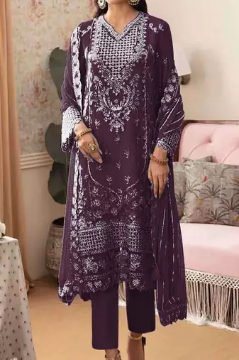 Magenta embroidered faux georgette with sequence work semi stitched straight  suit
