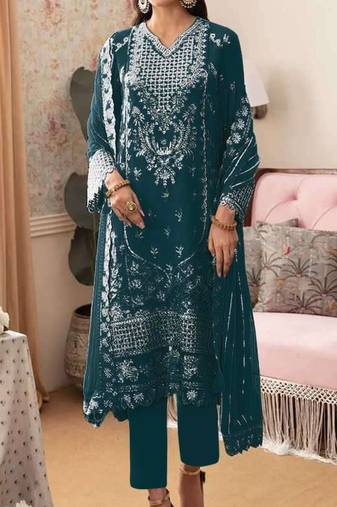 Green embroidered faux georgette with sequence work semi stitched straight  suit