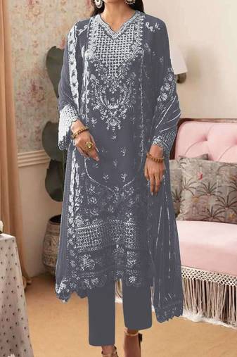 Grey embroidered faux georgette with sequence work semi stitched straight  suit