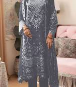 Grey embroidered faux georgette with sequence work semi stitched straight  suit