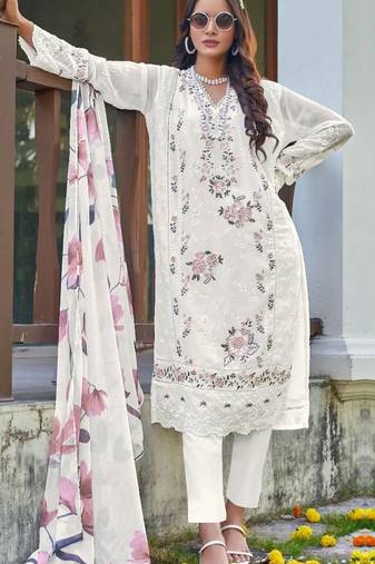 White embroidered faux georgette with sequence work semi stitched straight  suit