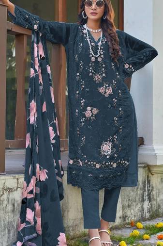 Blue embroidered faux georgette with sequence work semi stitched straight  suit